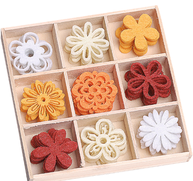 Felt ornament box, flowers 30mm, 45 pcs